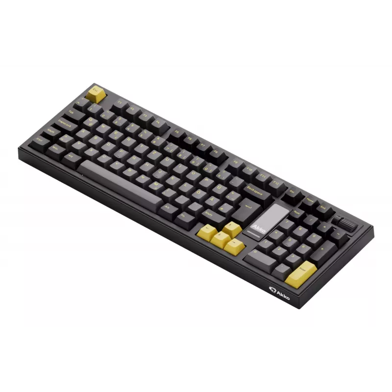 Klawiatura mechaniczna AKKO 5098B, 98 klawiszy, czarno-złota, hot-swappable, RGB, tryb potrójny (USB-C/2,4GHz/Bluetooth 5.0), przełączniki liniowe Akko CS Jelly White, keycapsy PBT ASA, 3000mAh