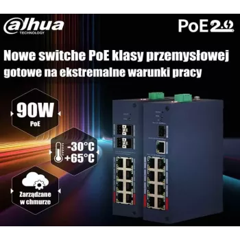 Dahua CHS4110-8ET-110 Przemysłowy niezarządzalny przełącznik PoE++, 8 portów PoE + 2 uplinki Gigabit, 110W, szyna DIN