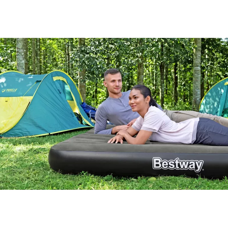 Bestway Pavillo Nadmuchiwany Materac Queen 203x152x25 cm z Wbudowaną Pompą Nożną, Flocked Top, Konstrukcja Coil Beam, Szary/Niebieski