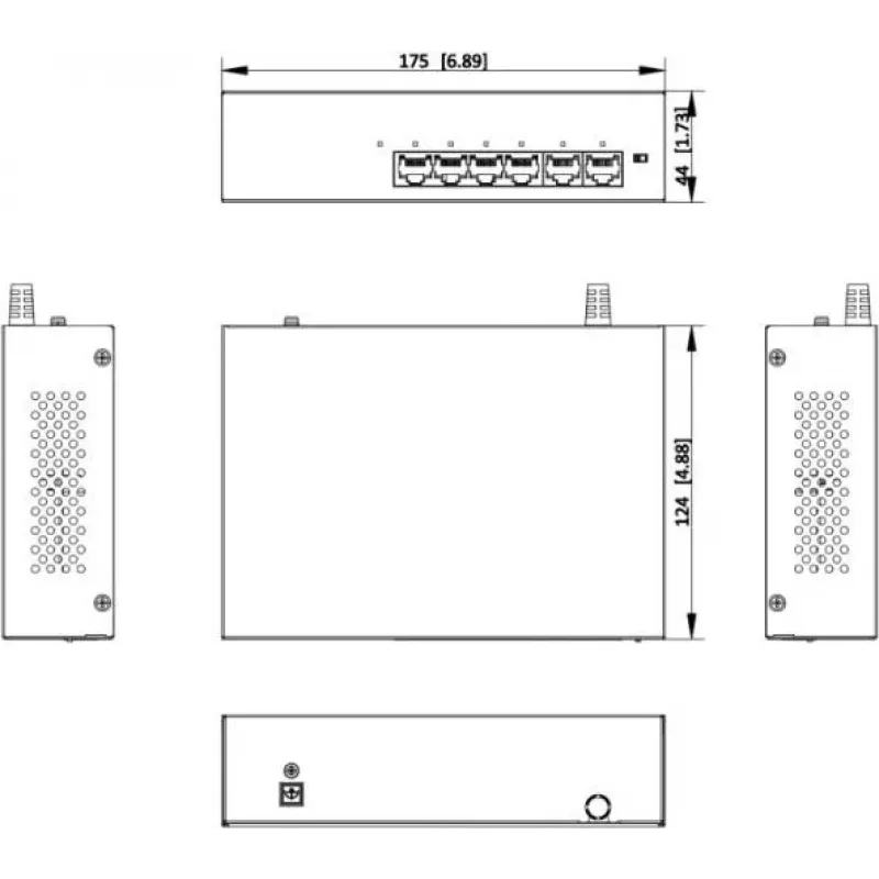 Hikvision DS-XS06-P(O-STD) 6-portowy niezarządzalny przełącznik PoE+ (4 porty PoE, 2 uplinki Gigabit, budżet 60W, szyna DIN)