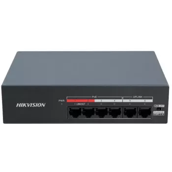 Hikvision DS-XS06-P(O-STD) 6-portowy niezarządzalny przełącznik PoE+ (4 porty PoE, 2 uplinki Gigabit, budżet 60W, szyna DIN)