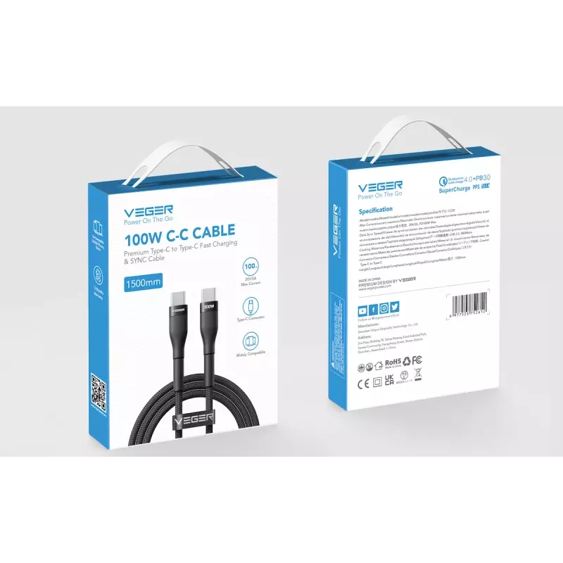 VEGER USB-C do USB-C PD 100W Kabel 1.5m, Czarny