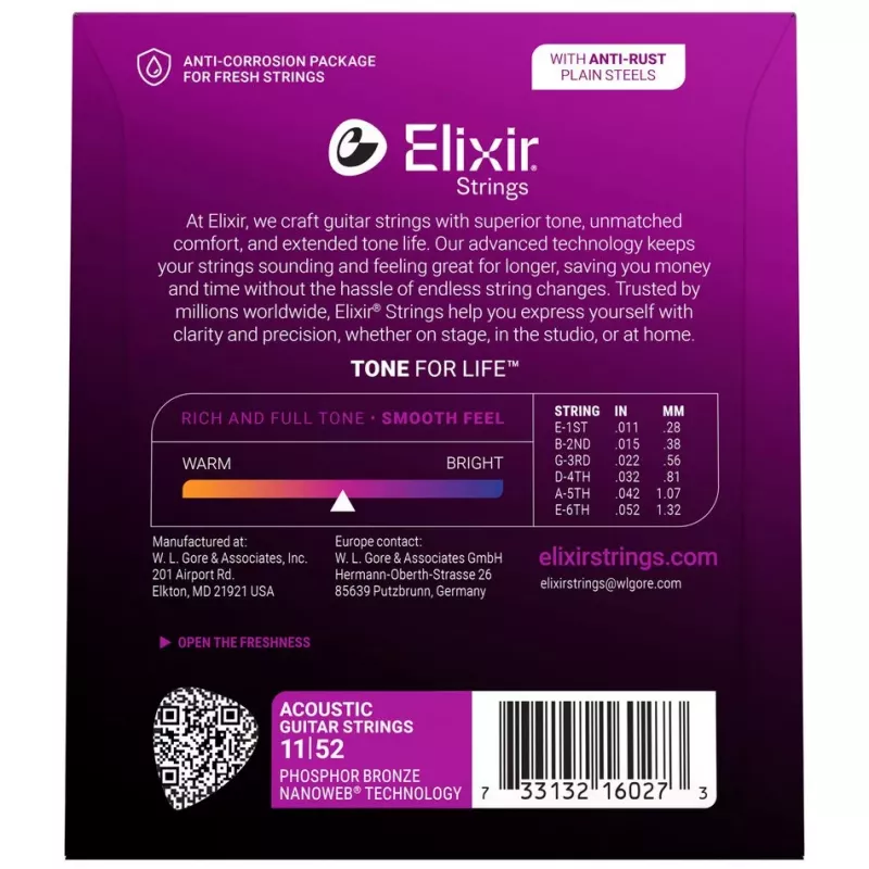 Elixir Strings 16027 Phosphor Bronze Custom Light NANOWEB Acoustic Guitar Strings (11-52)