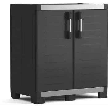 KETER GARAGE CABINET XL IT - Ciężki regał garażowy z żywicy z 4 regulowanymi półkami, zamykanymi podwójnymi drzwiami, szary/czarny