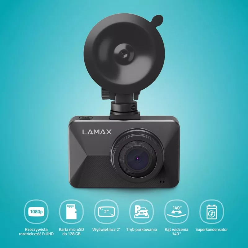 LAMAX T3 Dashcam Full HD 1080p 140° Wide Angle z G-Sensor i Parking Mode