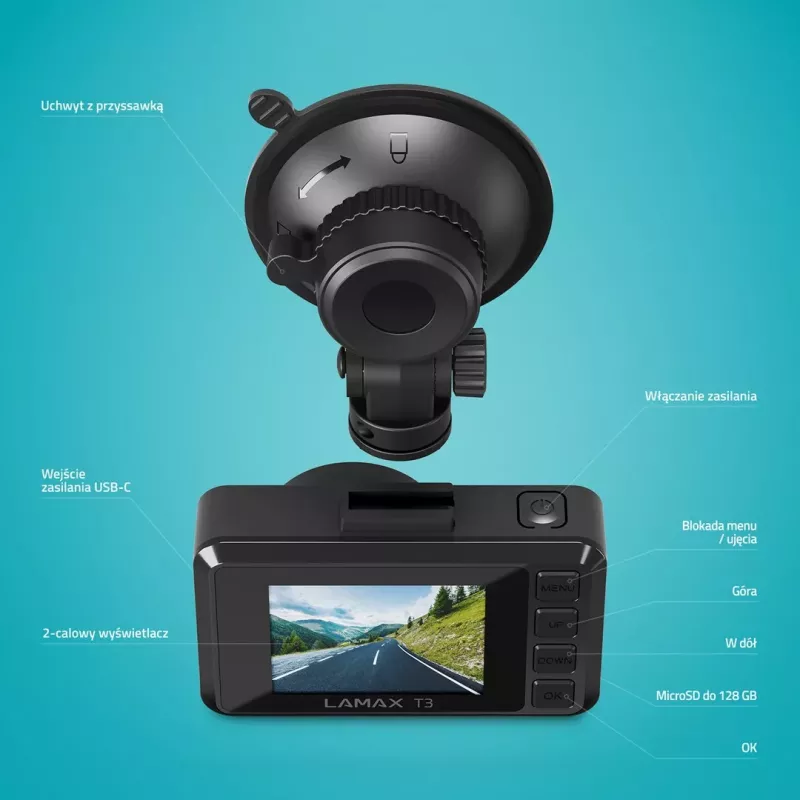 LAMAX T3 Dashcam Full HD 1080p 140° Wide Angle z G-Sensor i Parking Mode
