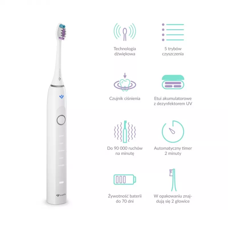 TrueLife SonicBrush Clean70 UV Soniczna Szczoteczka do Zębów z UV Sanitizerem, 5 Trybów, 3 Końcówki, Etui Podróżne, Czarny