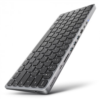 AXAGON HMC-KB-GE Klawiatura USB-C 5Gbps z hubem 9 w 1, układ niemiecki, HDMI 4K, Gigabit Ethernet, PD 100W, czytnik kart, czarna