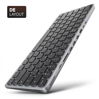 AXAGON HMC-KB-GE Klawiatura USB-C 5Gbps z hubem 9 w 1, układ niemiecki, HDMI 4K, Gigabit Ethernet, PD 100W, czytnik kart, czarna