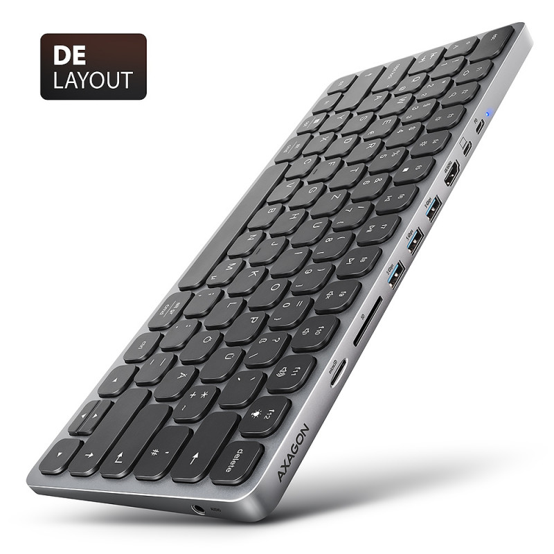 AXAGON HMC-KB-GE Klawiatura USB-C 5Gbps z hubem 9 w 1, układ niemiecki, HDMI 4K, Gigabit Ethernet, PD 100W, czytnik kart, czarna