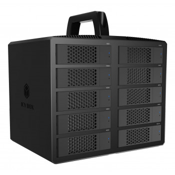 Obudowa ICY BOX IB-3710-C31 10-kieszeniowa USB 3.2 Gen 2 JBOD na dyski SATA HDD/SSD 2,5 cala/3,5 cala, tryb Single, kabel USB-C do C, zasilacz 200 W, czarna