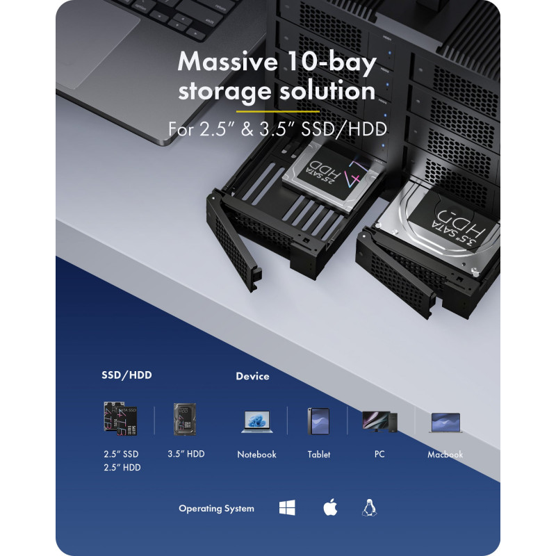 Obudowa ICY BOX IB-3710-C31 10-kieszeniowa USB 3.2 Gen 2 JBOD na dyski SATA HDD/SSD 2,5 cala/3,5 cala, tryb Single, kabel USB-C do C, zasilacz 200 W, czarna
