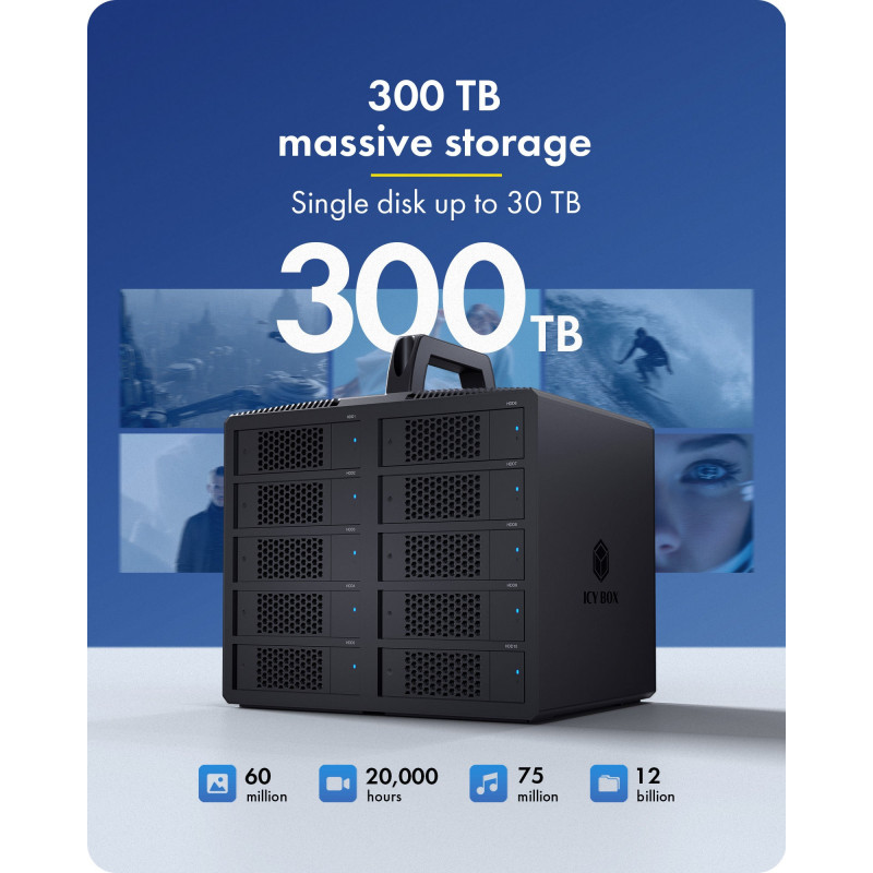 Obudowa ICY BOX IB-3710-C31 10-kieszeniowa USB 3.2 Gen 2 JBOD na dyski SATA HDD/SSD 2,5 cala/3,5 cala, tryb Single, kabel USB-C do C, zasilacz 200 W, czarna