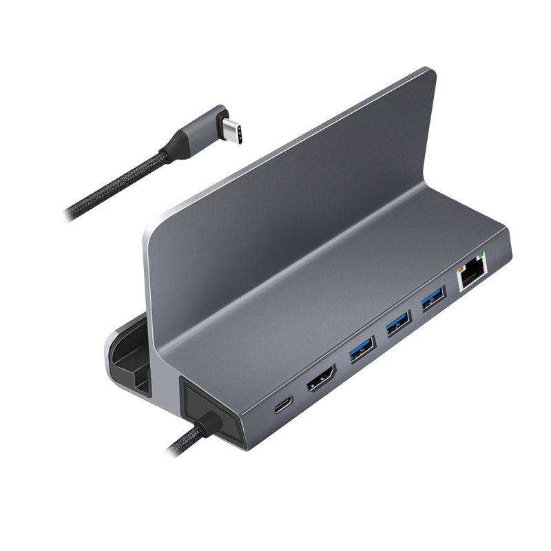 LogiLink UA0408 Stacja dokująca USB-C ze stojakiem na tablet, HDMI 4K@60Hz, 100W PD, Gigabit Ethernet, srebrna