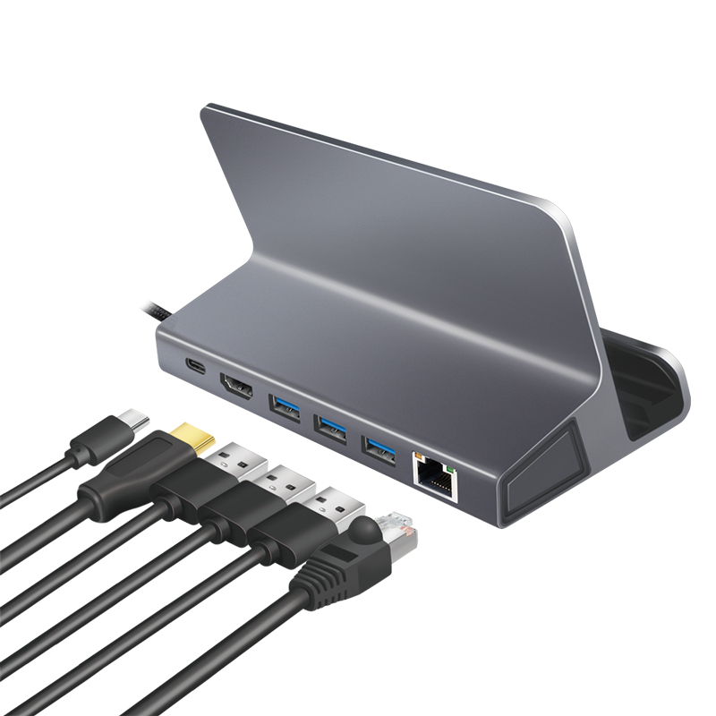 LogiLink UA0408 Stacja dokująca USB-C ze stojakiem na tablet, HDMI 4K@60Hz, 100W PD, Gigabit Ethernet, srebrna