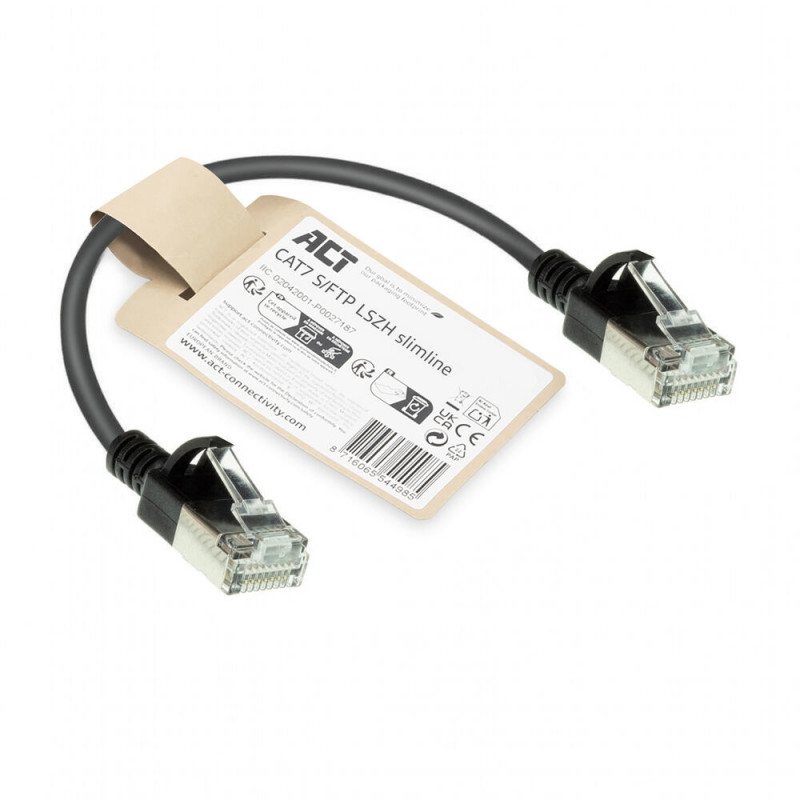 ACT Czarny 0,25m LSZH S/FTP CAT7 Slimline kabel krosowy bez zaczepów ze złączami RJ45 (DF7952)