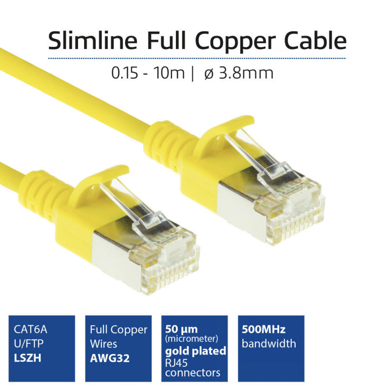 ACT DC7830 Żółty 0,15m LSZH U/FTP CAT6A Slimline kabel krosowy do centrów danych z wtykami RJ45 bez zaczepów