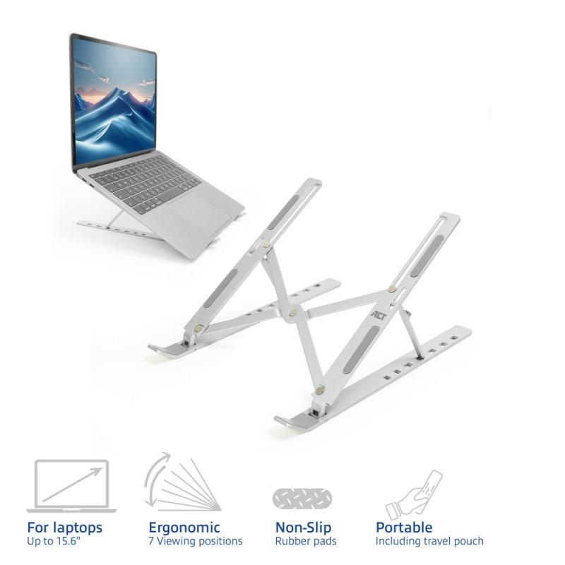Składany stojak na laptopa ACT, 7 pozycji regulacji wysokości, aluminium, srebrny, ACT Essentials (AC8121)
