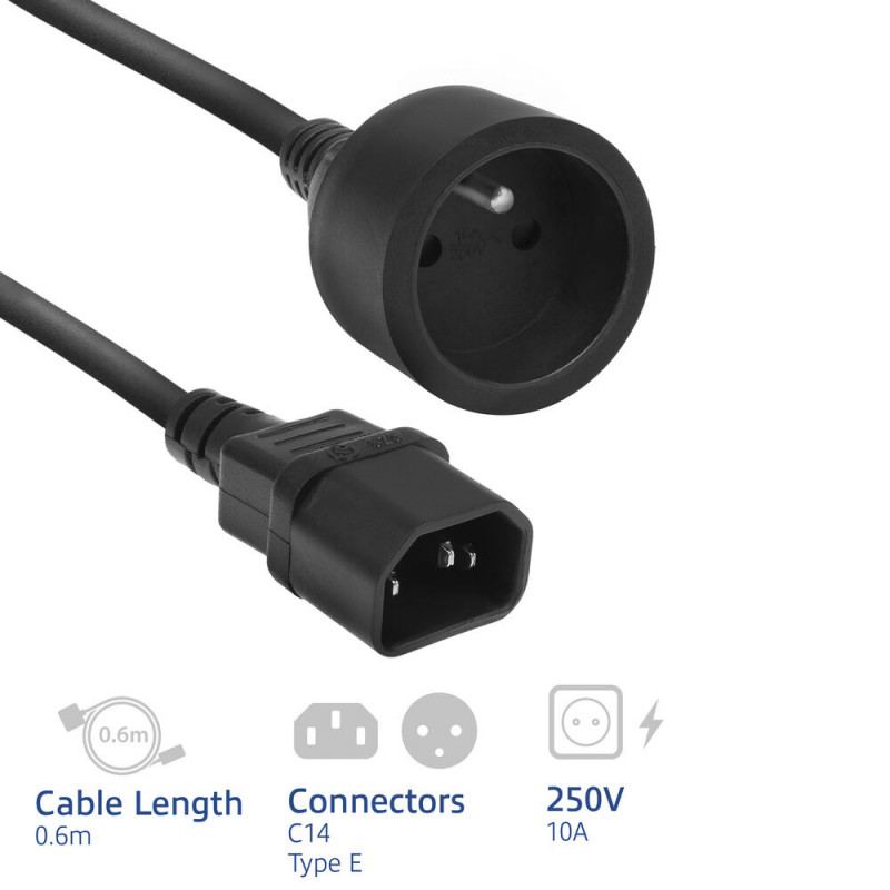 Przewód zasilający ACT C14 IEC 60320 - Type E żeński (maks. prąd 10A) czarny 0,6 m (AK5386)