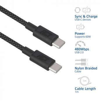 Kabel do ładowania i przesyłu danych ACT USB 2.0 60W USB-C do USB-C, czarny, 1 metr (AC3082)
