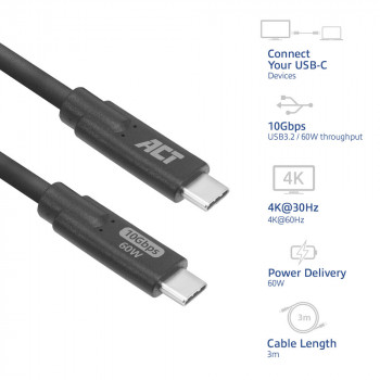Kabel ACT USB-C do USB-C 1m 5Gbps 60W PD 4K Video - Czarny AC7443
