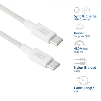 Kabel do ładowania i przesyłu danych ACT USB 2.0 60W USB-C do USB-C, biały, 2 m (AC3081)