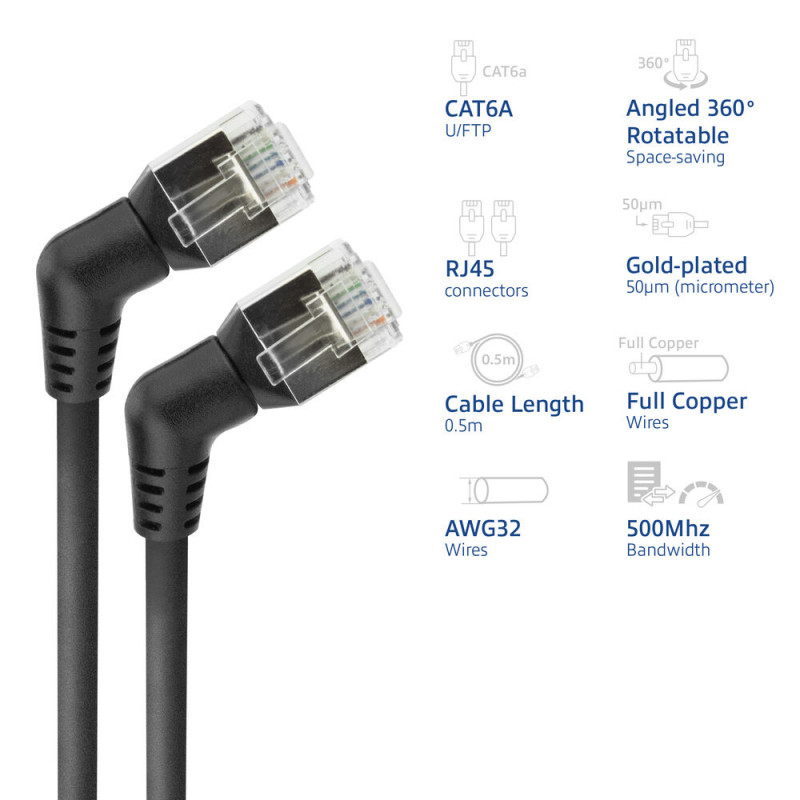 ACT DD1900 Czarny kabel krosowy slimline U/FTP CAT6A 0,5 m z kątowymi obrotowymi złączami RJ45 360°