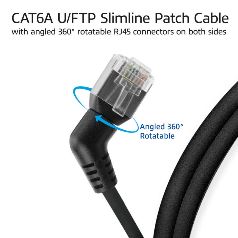 ACT DD1900 Czarny kabel krosowy slimline U/FTP CAT6A 0,5 m z kątowymi obrotowymi złączami RJ45 360°