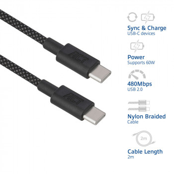 ACT USB 2.0 kabel do ładowania i przesyłania danych 60W USB-C do USB-C, czarny, 2m (AC3083)