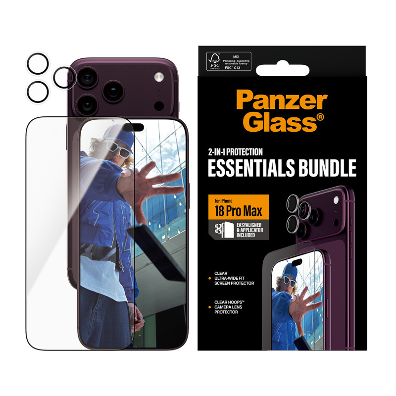 PanzerGlass zestaw 2 w 1 Essentials – szkło ochronne na ekran i ochrona obiektywu aparatu do iPhone 18 Pro Max