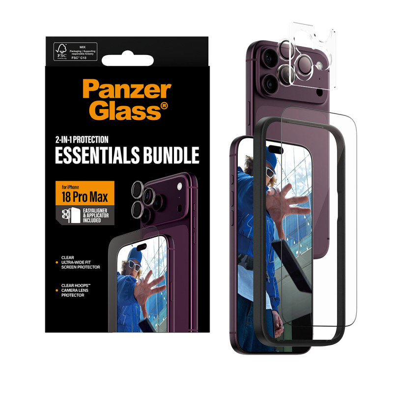PanzerGlass zestaw 2 w 1 Essentials – szkło ochronne na ekran i ochrona obiektywu aparatu do iPhone 18 Pro Max