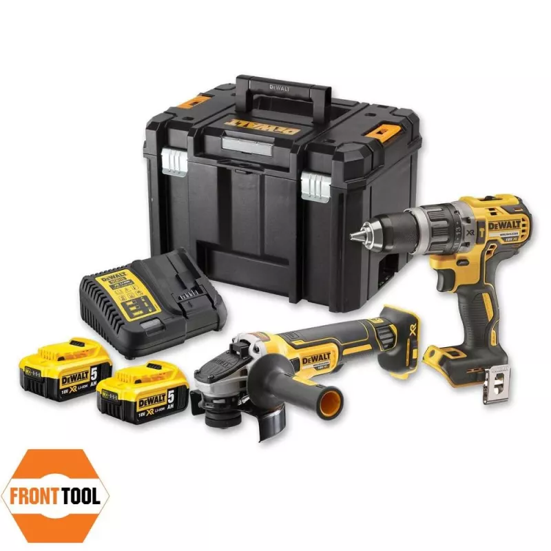 Zestaw narzędzi akumulatorowych DeWALT DCK2080P2T-QW — 18 V Li‑Ion 5 Ah (2x), szlifierka DCG405, wiertarko‑wkrętarka, gwint tarczy szlifierskiej M14, walizka