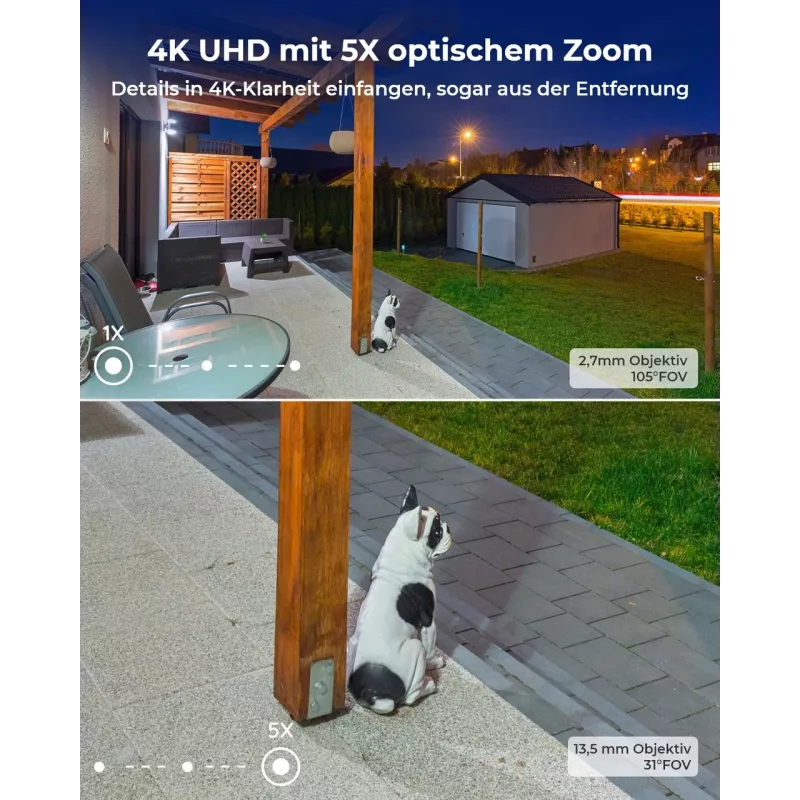 Reolink W430 - Kamera zewnętrzna 4K, Wi-Fi 6 nowej generacji, 5-krotny zoom optyczny, wykrywanie osób/pojazdów/zwierząt, kolorowe widzenie nocne