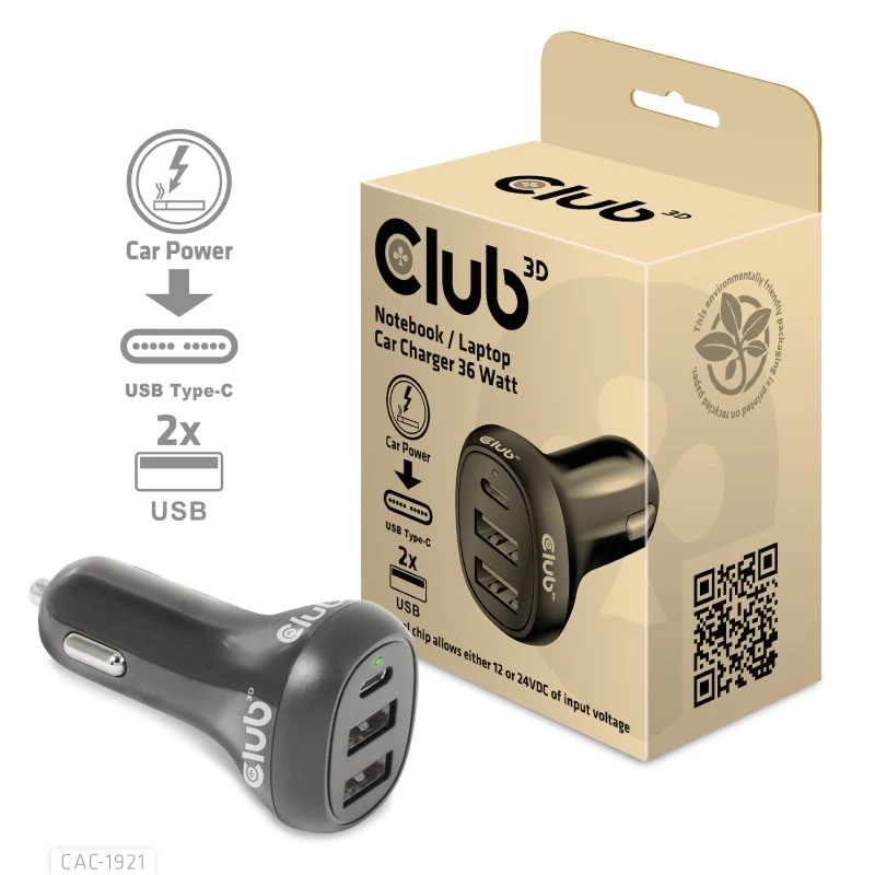 CLUB3D Ładowarka samochodowa do notebooka / laptopa 36 Watt, Auto, gniazdo zapalniczki, 24 V, czarna