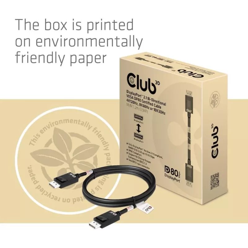 Kabel CLUB3D DisplayPort 2.1 Dwukierunkowy z certyfikatem VESA DP80 4K240Hz, 8K60Hz lub 10K30Hz M/M 1,2m/3,94ft