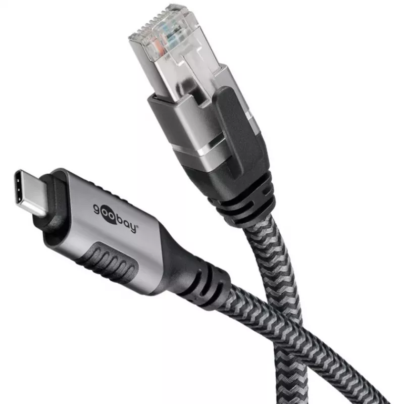 Kabel Ethernet USB-C 3.2 Gen2 Wtyk > Wtyk RJ-45, Adapter LAN czarny/srebrny, 2 metry, oplot tekstylny pleciony