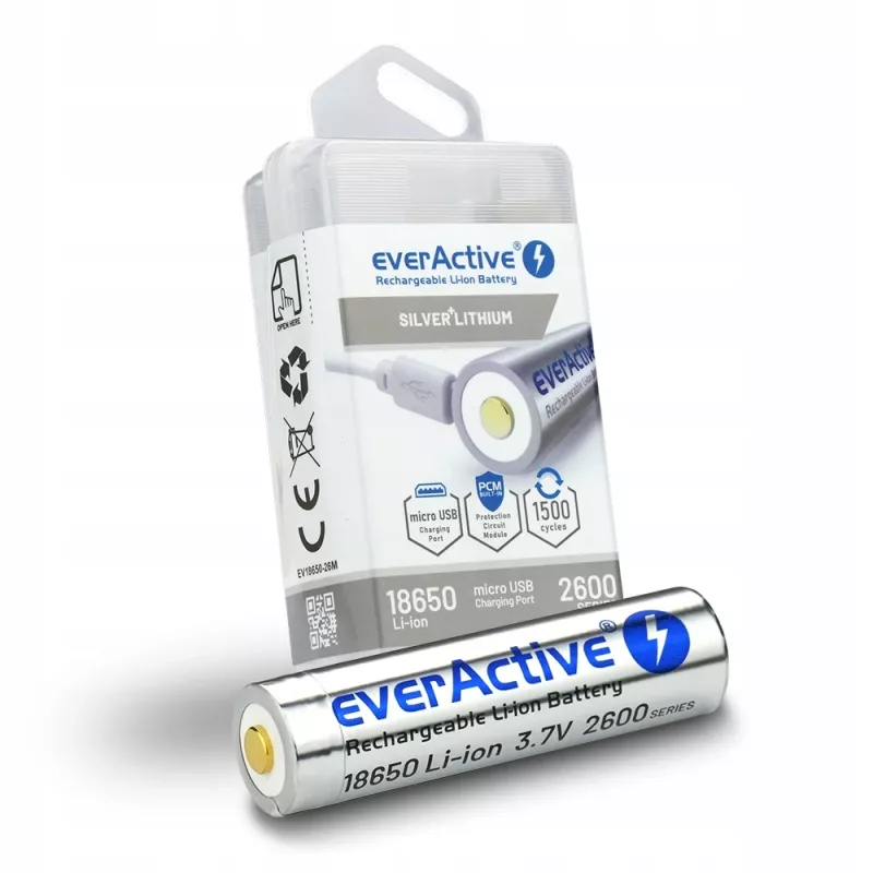 bateria everActive 18650 3.7V Li-ion 2600mAh micro USB with protection BOX