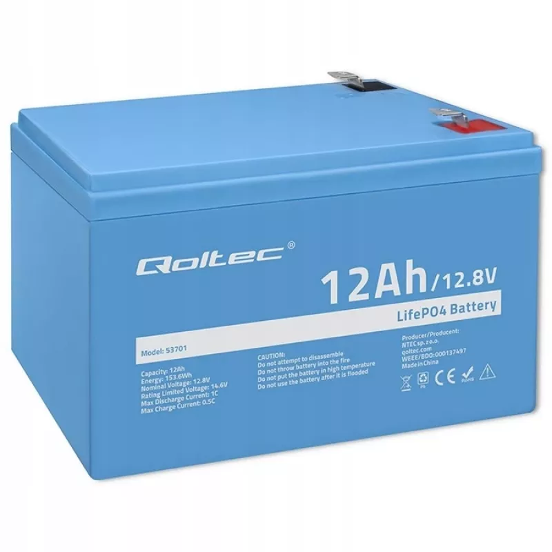 Qoltec LiFePO4 akumulator litowo-żelazowo-fosforanowy 12,8 V 12 Ah 153,6 Wh z BMS