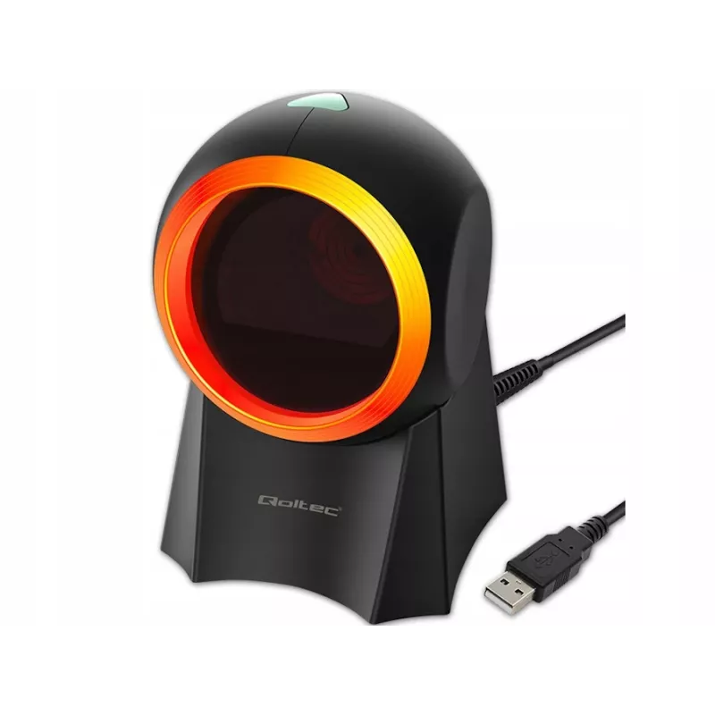 Przewodowy stacjonarny skaner kodów kreskowych QOLTEC 50857 — 1D/2D, USB, obudowa ABS, czarny, kabel 1,75 m