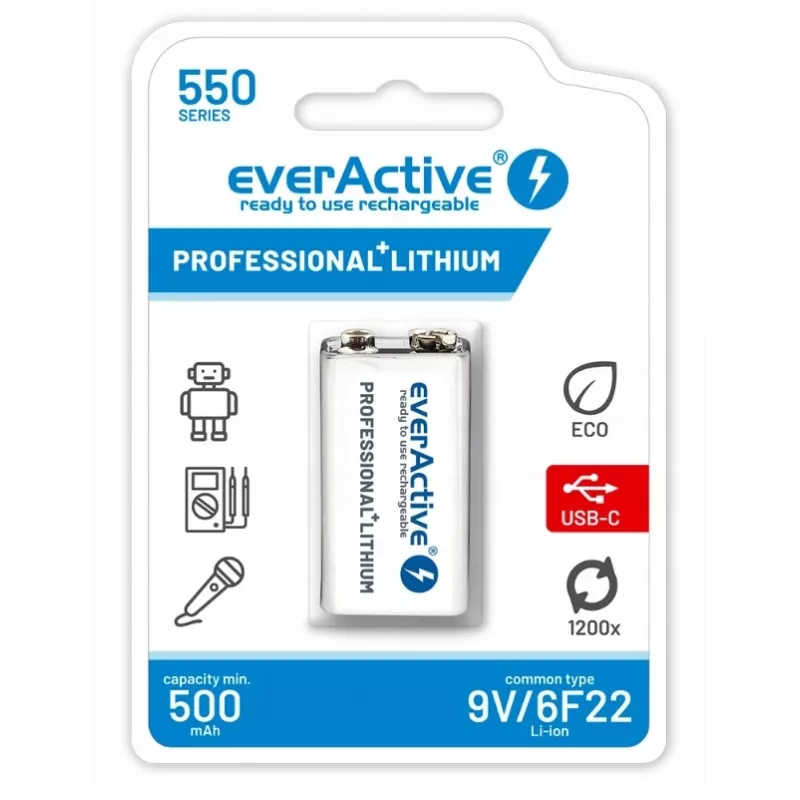Akumulator wielokrotnego ładowania everActive 6F22/9V Li-ion 550 mAh z USB TYPE C