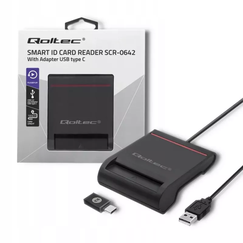 Czytnik kart ID QOLTEC Smart chip — USB, czarny, 84,5×65×16 mm, 63 g