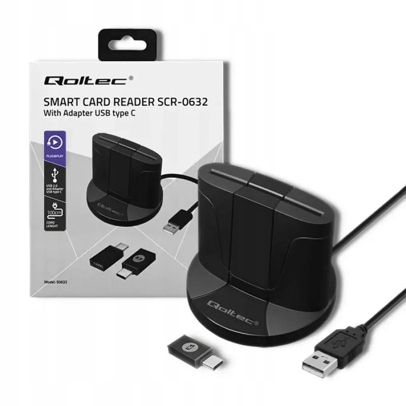 Czytnik kart inteligentnych Qoltec 50632 USB 2.0 Czarny Kabel 1m
