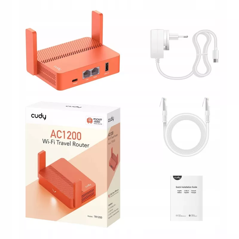 Router przenośny Cudy AC1200 (TR1200) — pomarańczowy, zasilanie AC, 1x RJ-45 LAN/WAN, USB 2.0