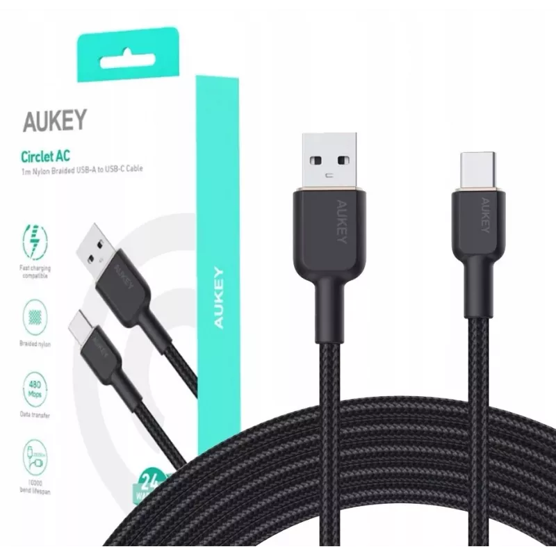 Kabel USB A na USB C Aukey CB-NAC1, 1 m, pleciony nylon, USB PD 60W, USB 2.0
