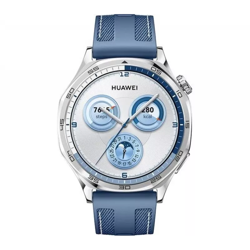 Smartwatch HUAWEI WATCH GT5 46mm — 1,43 cala AMOLED, GPS, 524 mAh, koperta ze stali nierdzewnej, niebieski pleciony pasek