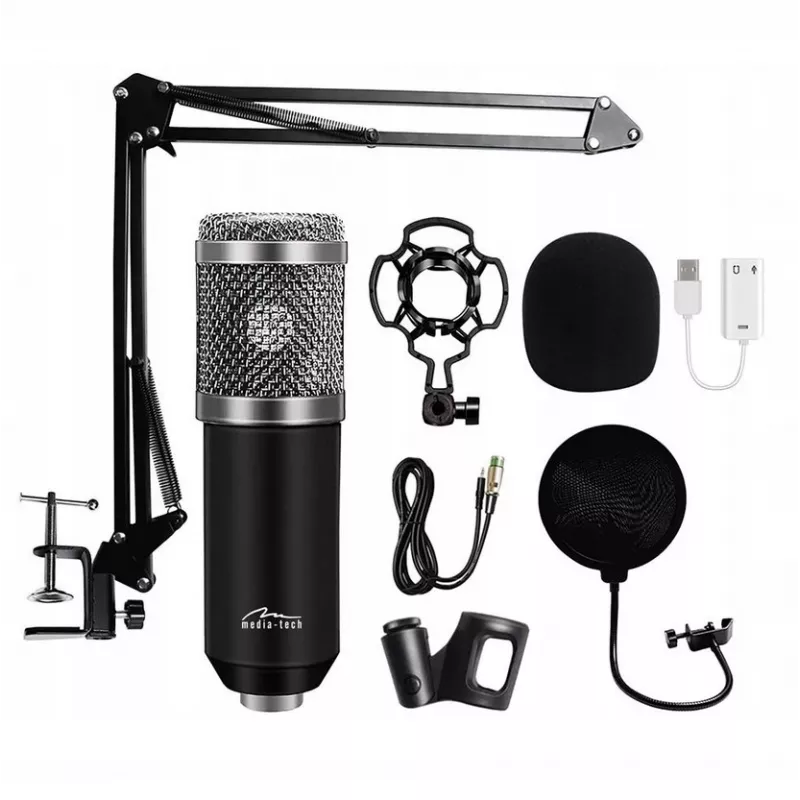 Mikrofon PC MEDIA-TECH MT397S — przewodowy, wejście XLR, 20–20000 Hz, 150 Ω, -32 dB, kabel 2,4 m, podstawka biurkowa, czarny