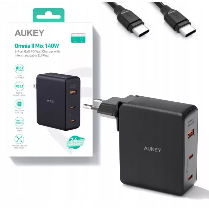 Ładowarka sieciowa Aukey PA-B7O, 3×USB, technologia GaN