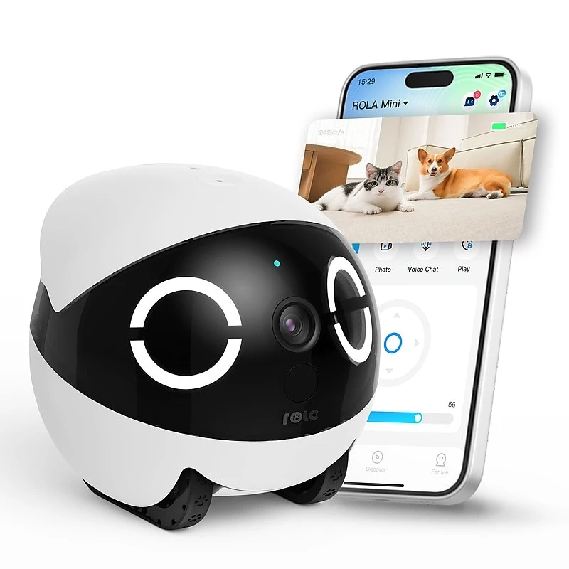Robotyczny monitor zwierząt Enabot Rola Mini — Wi‑Fi, bateria 5000 mAh, 3 MP, pole widzenia 137°, biały/czarny