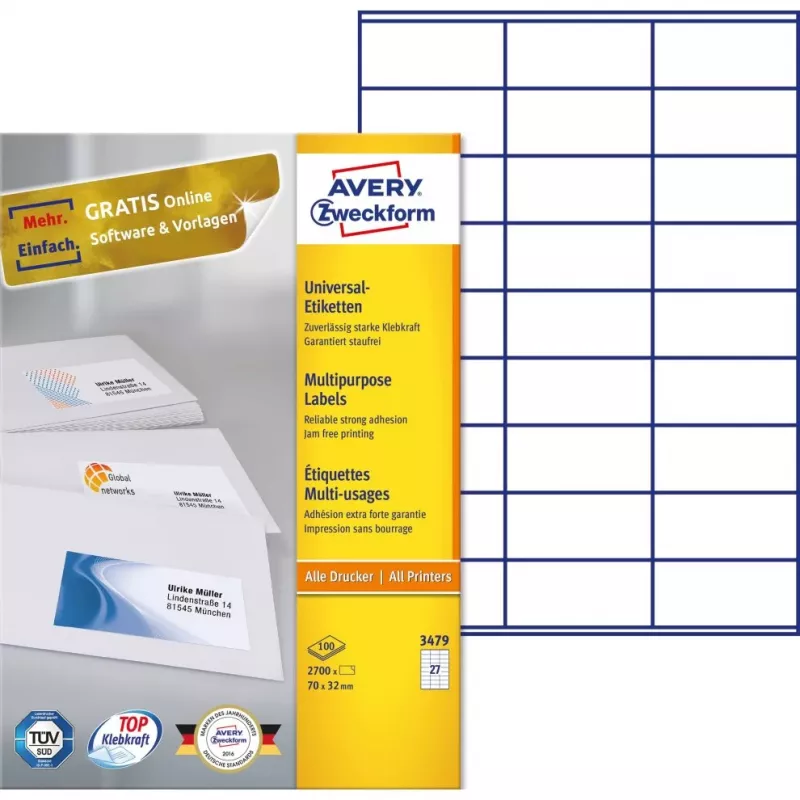 Avery-Zweckform 3479 Etykiety Białe Papier 70x32mm Klej Trwały