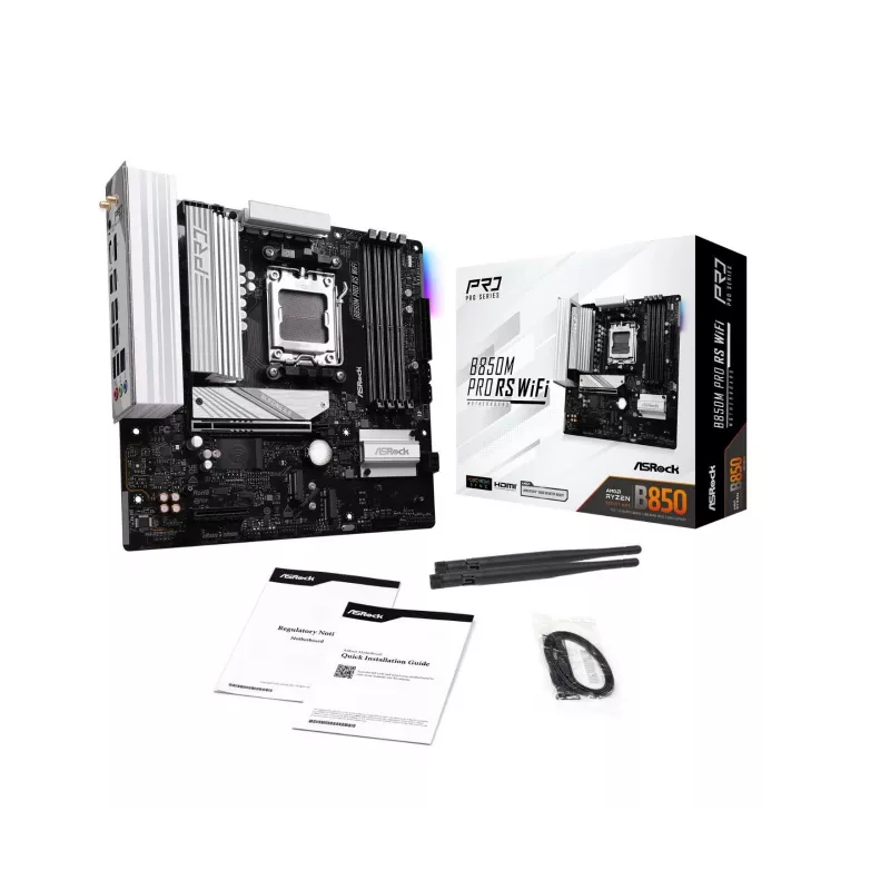 Płyta główna ASRock B850M Pro RS WiFi — AMD B850, Socket AM5, microATX, DDR5, 4 DIMM, 256GB, Wi‑Fi 6E, 2.5Gb LAN, 3x M.2
